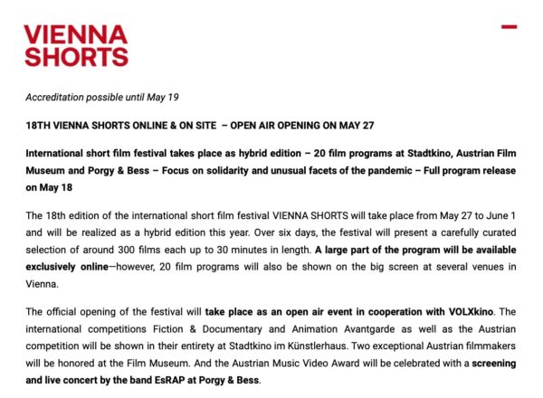 PA 18 TH VIENNA SHORTS ONLINE ON SITE