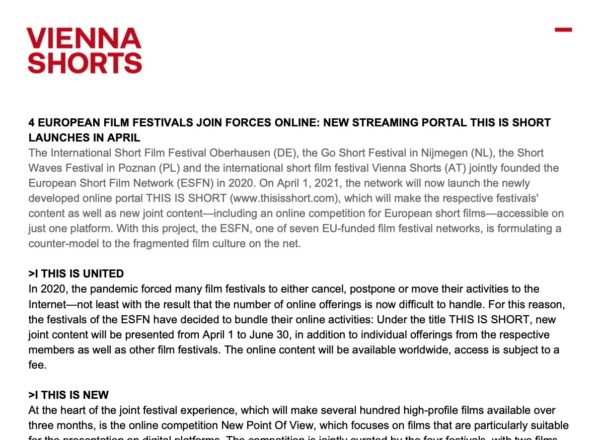 PR 4 EUROPEAN FILM FESTIVALS JOIN FORCES ONLINE NEW STREAMING PORTAL THIS IS SHORT LAUNCHES IN APRIL